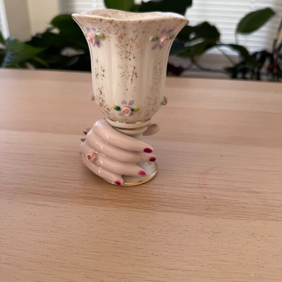 Vintage Bone China Hand-Shaped Nails Rose Ring Vase Floral Accents & Gold Detail - Picture 3 of 6